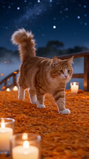 Shot 2 of the sample: the orange cat trots over marigold petals between candles