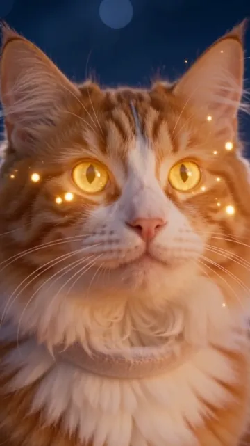 Shot 3 of the sample: a close look at the cat with golden sparkles drifting past