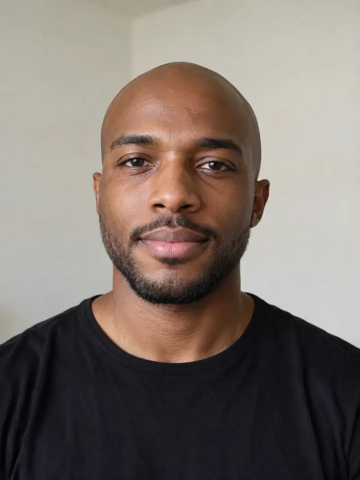 Example photo for seat 1, the lead singer: an AI-generated bald man in a black T-shirt