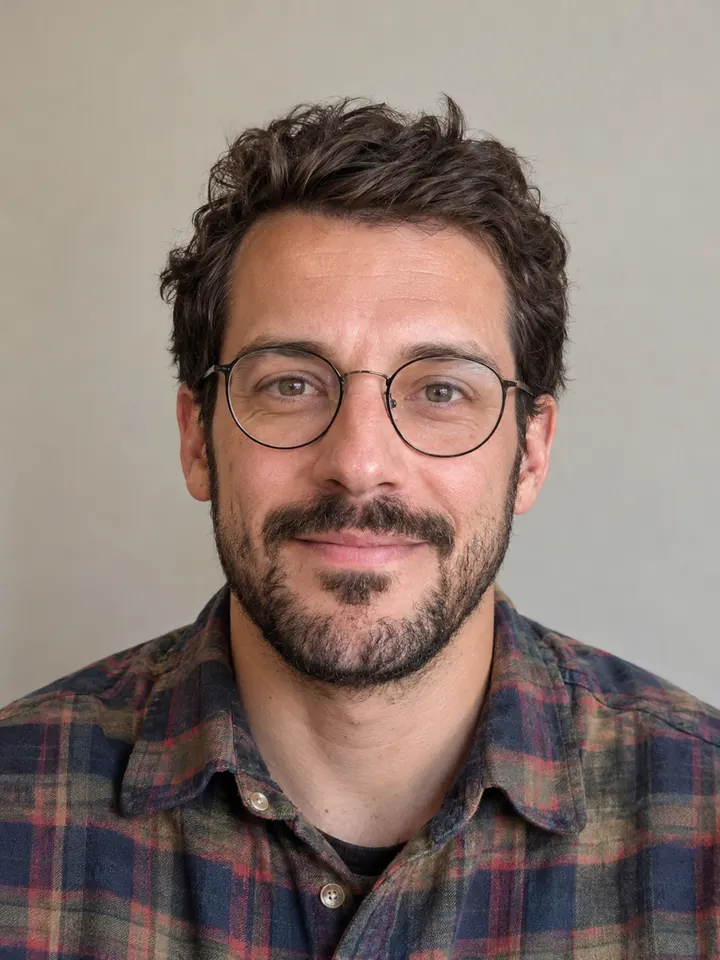 Example photo for seat 2, the sax player: an AI-generated man with glasses and a beard in a plaid shirt
