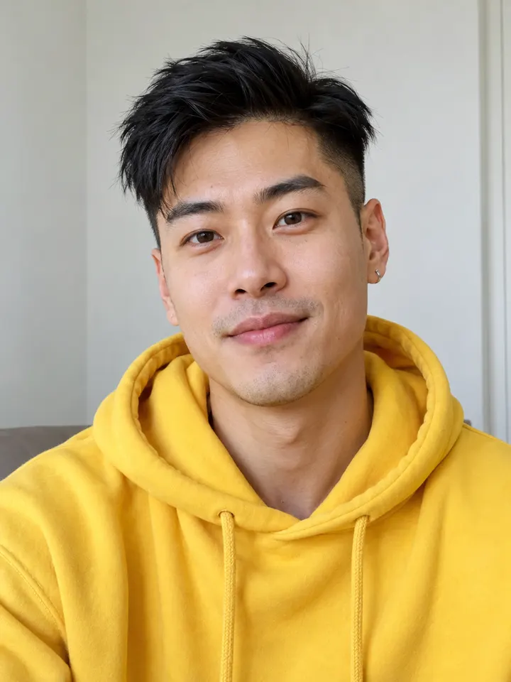 Example photo for seat 5, a backing singer: an AI-generated man in a yellow hoodie
